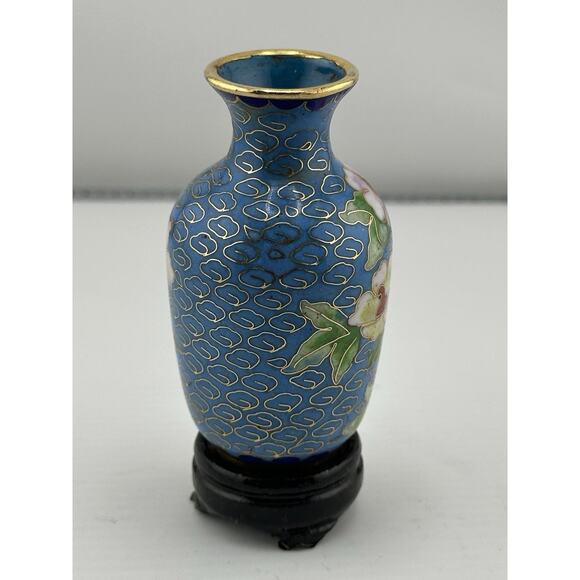 Vintage Mini Chinese Enameled Cloisonne Vase w/ Stand 3 inch Blue PinkFloral - Picture 3 of 8